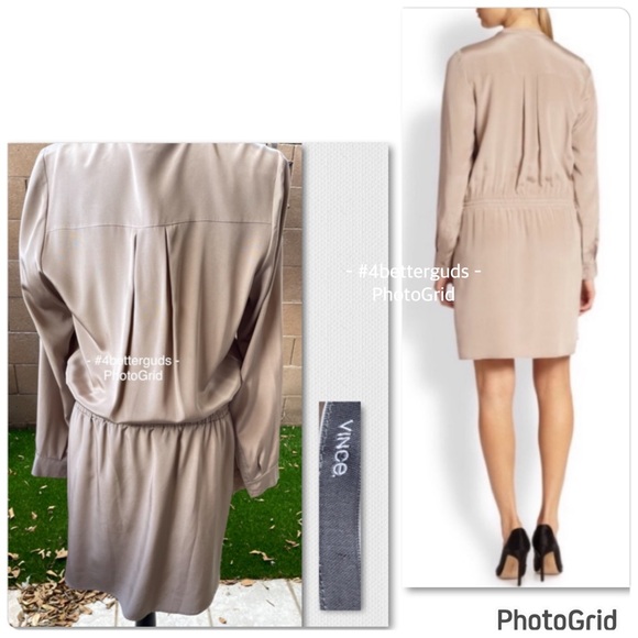 NEW Vince. 100% Silk Mink Nude Color Drawstring Waist Long Sleeve Shirt Dress 12 - Picture 2 of 16